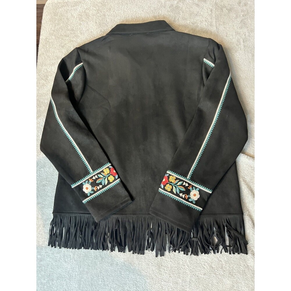 Savannah Jane Black Sued Fring Zip Up Jacket Floral Embroidery Boho Womens Large - Picture 6 of 8